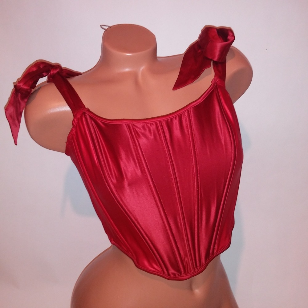 Victoria Secret Bra Bustier Large Red Solid Long Line Tie Shoulders Dream Angels